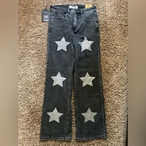 Black Flare Jeans with Silver Glitter Star Accents